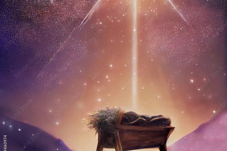 Christmas nativity scene of born child baby Jesus Christ in the manger with Joseph and Mary.illustration Christmas Nativity Scene banner background of baby Jesus in the Christmas with Mary and Joseph.