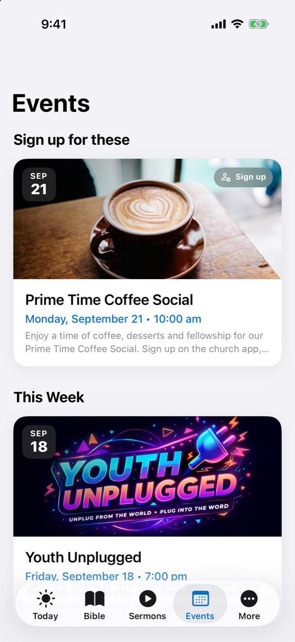 Events, with the sign-up on the page. in the KBC Connect app