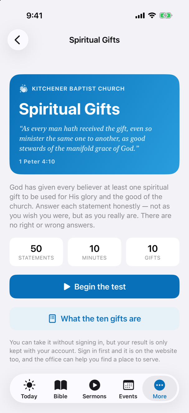 The spiritual gifts test, on your phone. in the KBC Connect app