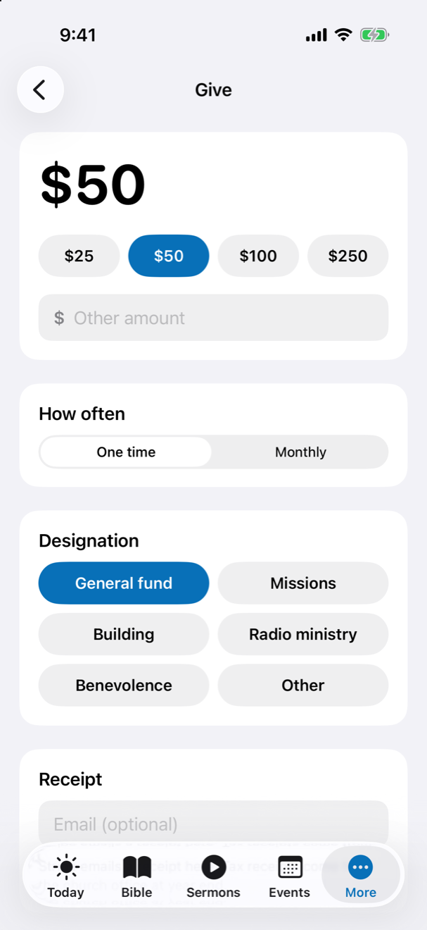 Give from the app, one time or monthly. in the KBC Connect app