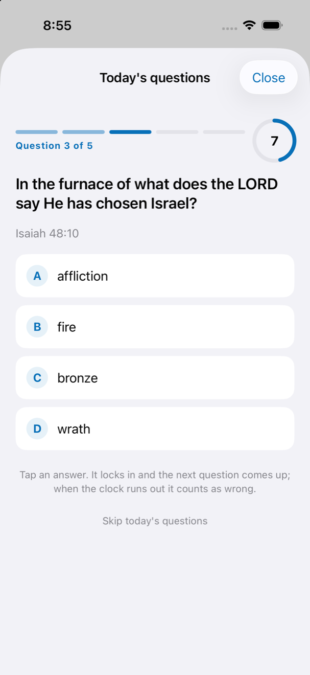 Five questions when you finish. in the KBC Connect app