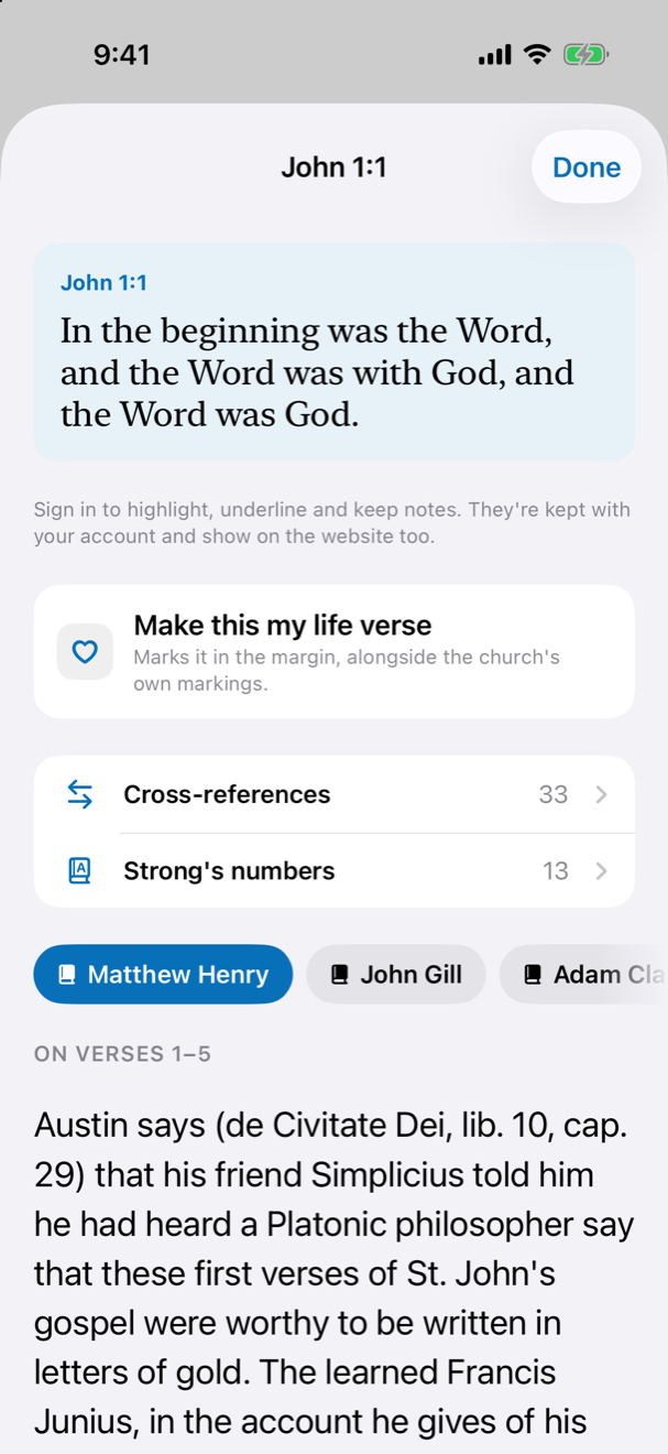 Tap a verse and the study opens under it. in the KBC Connect app