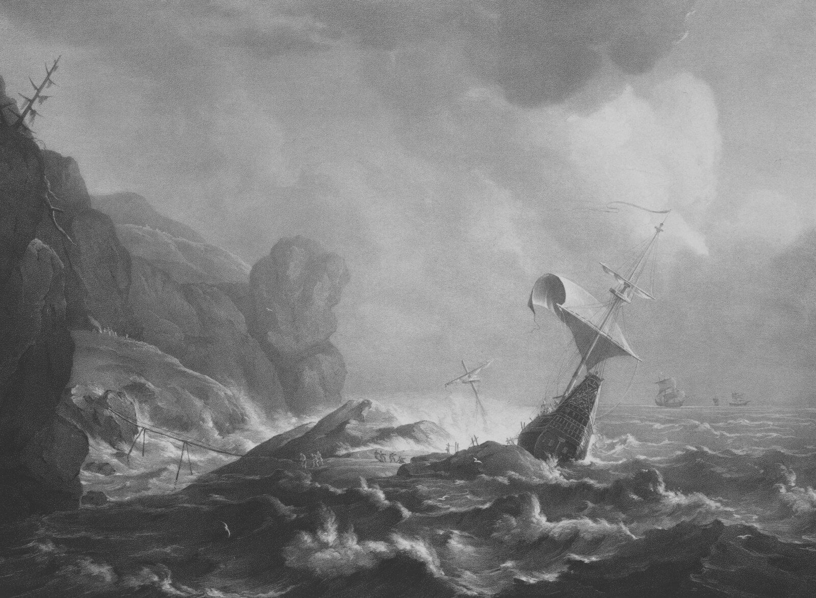 Shipwrecked vessel on a stormy sea near rocky shore